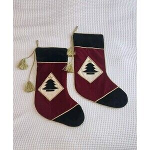 Vintage Christmas Velvet Stockings with Gold Trim & Tassels, Pair of 2 – Elegant